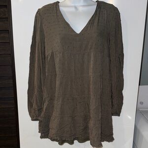 Blue Rain Olive Green Swiss Dot Tiered Long Sleeve Top Size S